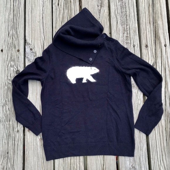 Ladies TALBOTS Navy Intarsia Polar Bear Sailor Button Wide Cowl Neck Sweater P M - Picture 1 of 8